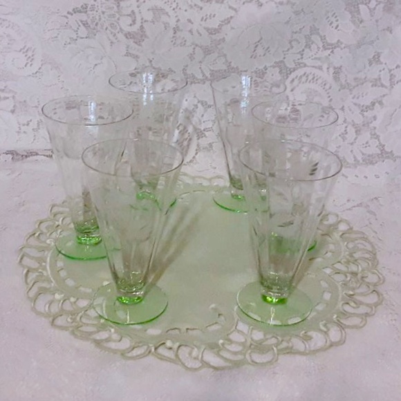 💲SALE💲Set/ 6 Vintage Weston Crystal Etched Water Glasses Vaseline Glass Stems - Picture 3 of 7